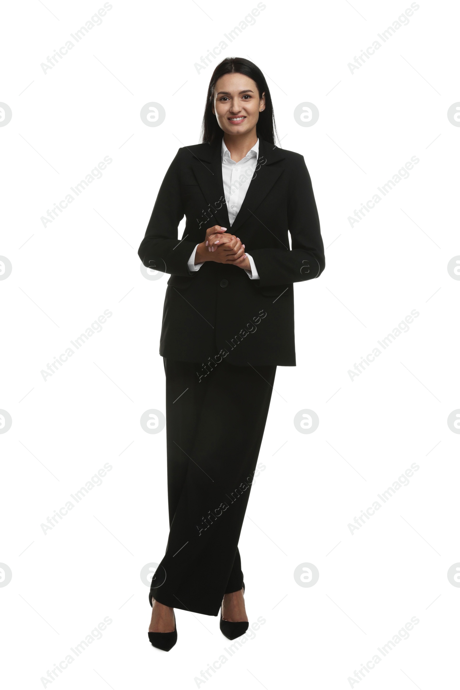 Confident business woman in suit on white background Photo of Confident business woman in suit on white background