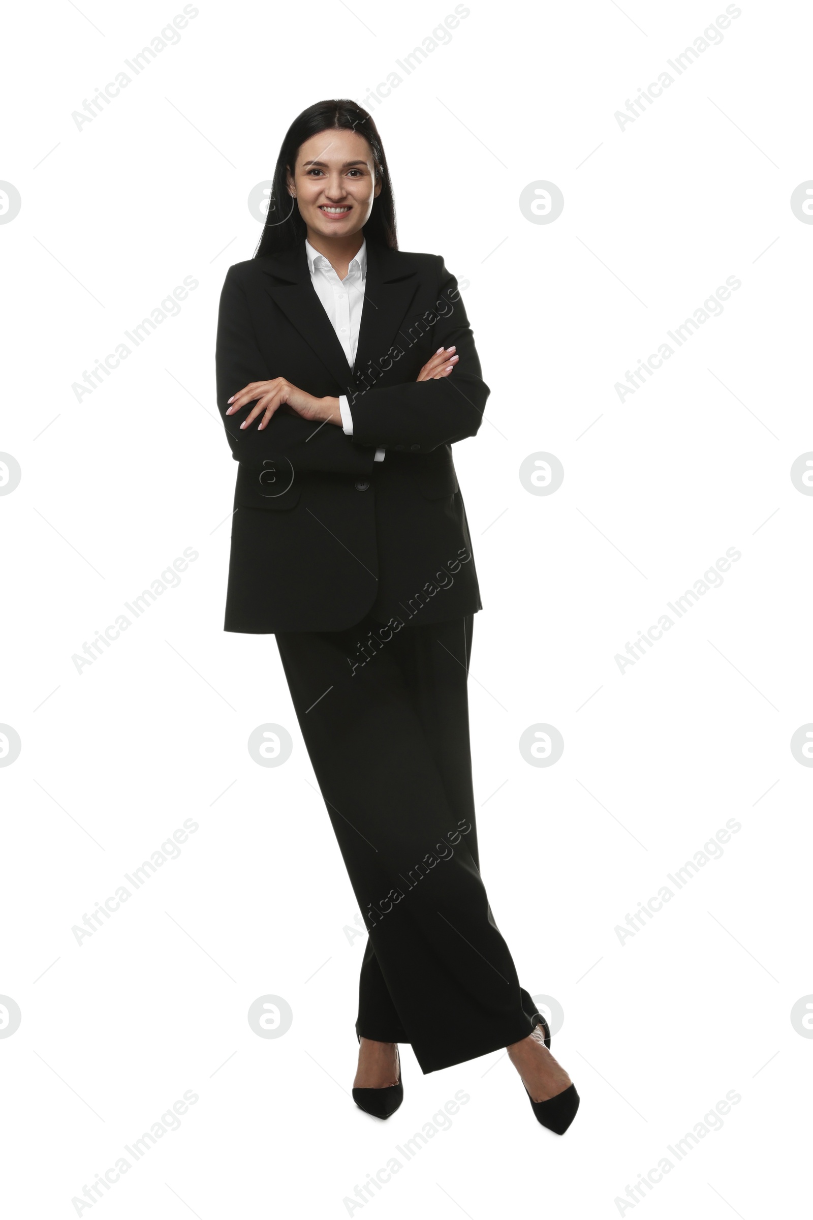 Confident business woman in suit on white background Photo of Confident business woman in suit on white background