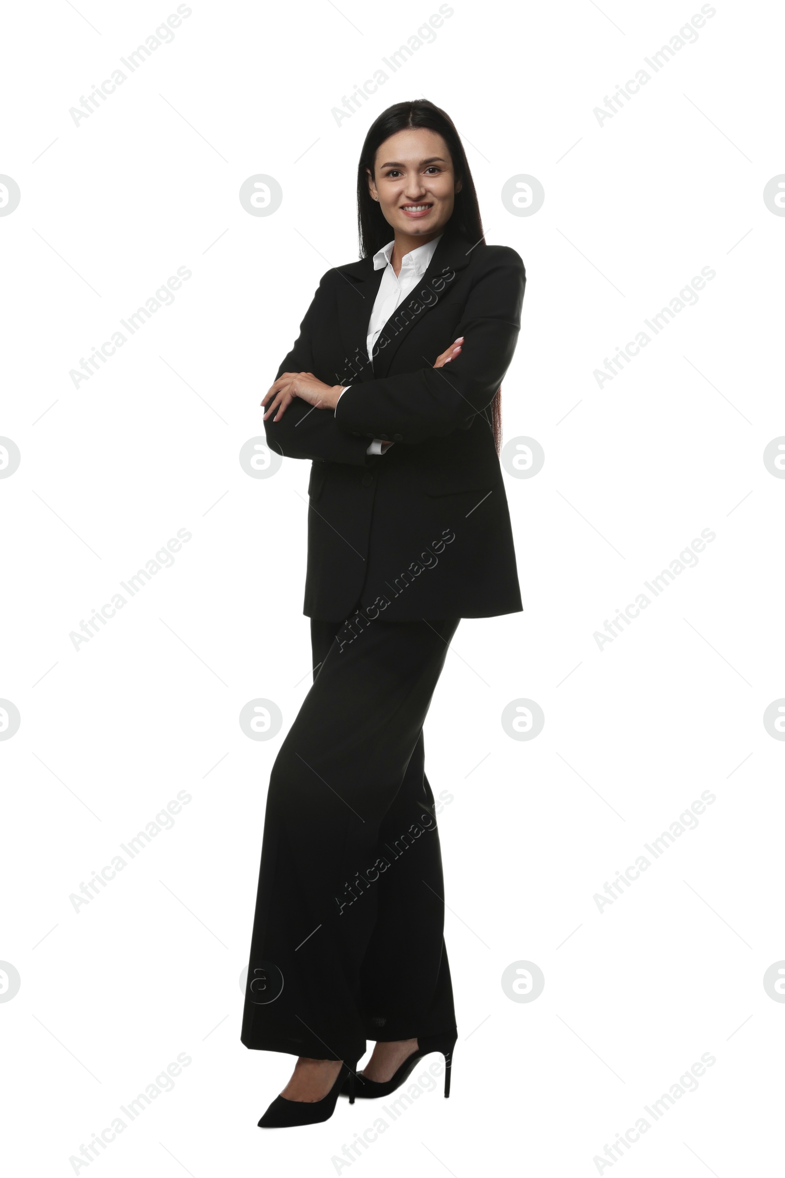 Confident business woman in suit on white background Photo of Confident business woman in suit on white background