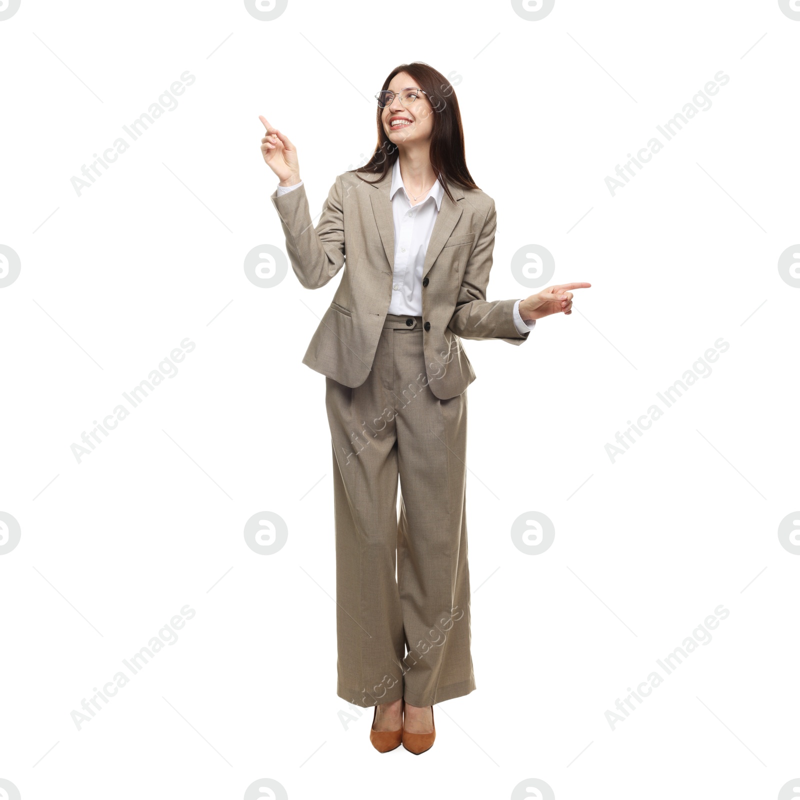 Happy woman in suit on white background Photo of Happy woman in suit on white background
