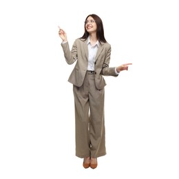 Photo of Happy woman in suit on white background