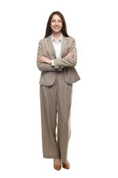 Photo of Happy woman in suit on white background