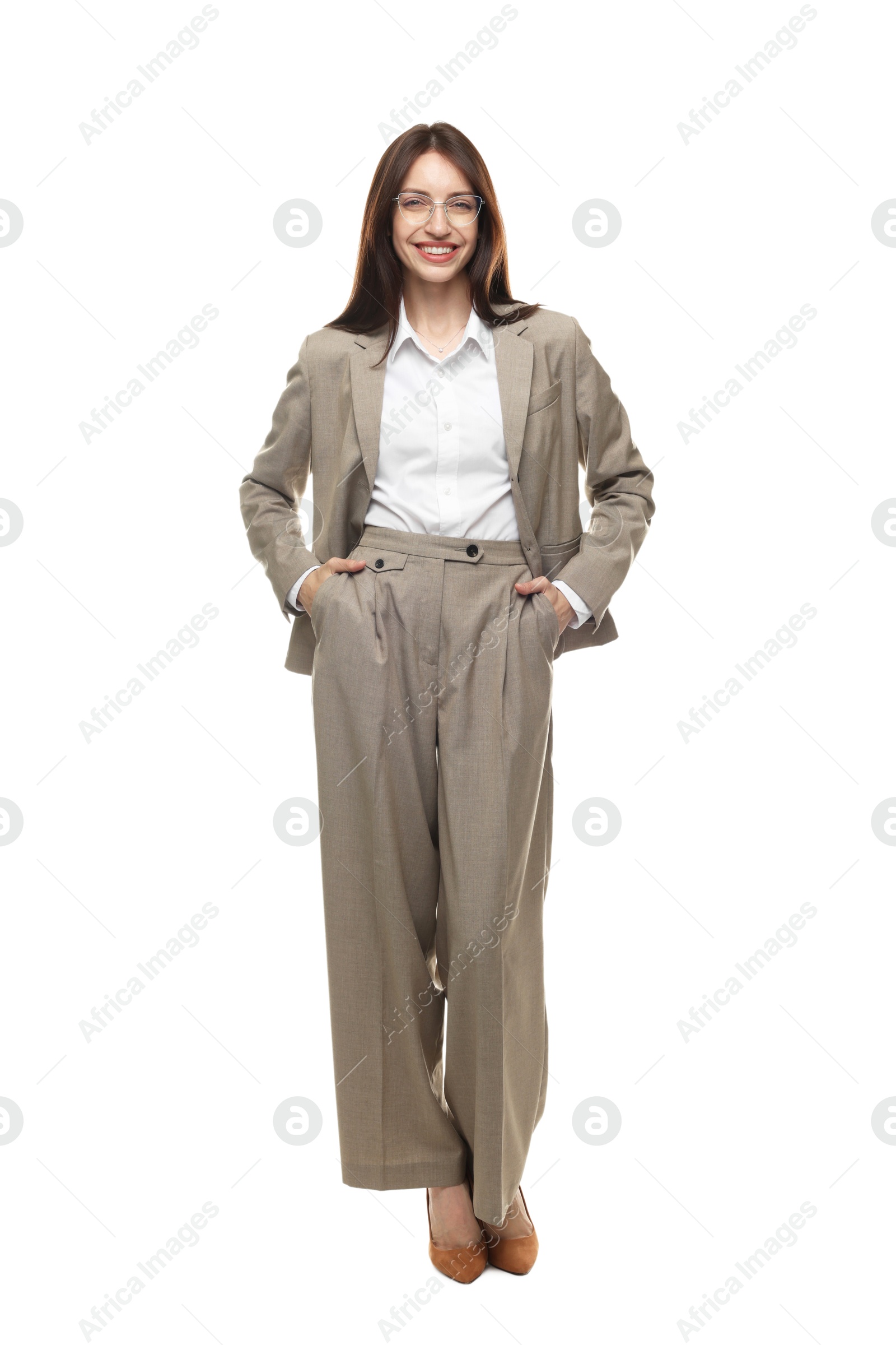 Happy woman in suit on white background Photo of Happy woman in suit on white background