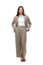 Photo of Happy woman in suit on white background
