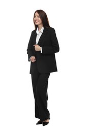Photo of Happy woman in suit on white background