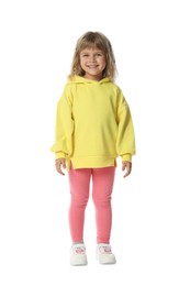 Photo of Happy little dancer posing on white background
