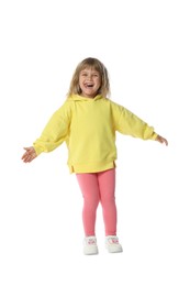 Photo of Happy little girl dancing on white background