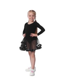Photo of Cute little girl dancing on white background