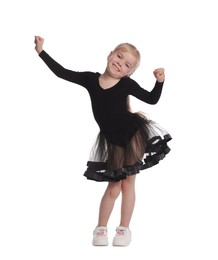 Photo of Cute little girl dancing on white background