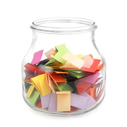 Photo of Colorful paper pieces in glass jar isolated on white