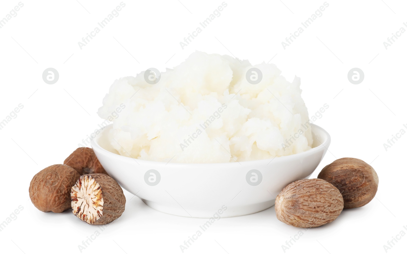 Natural shea butter in bowl isolated on white Photo of Natural shea butter in bowl isolated on white
