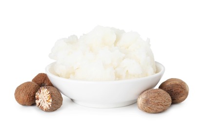 Photo of Natural shea butter in bowl isolated on white