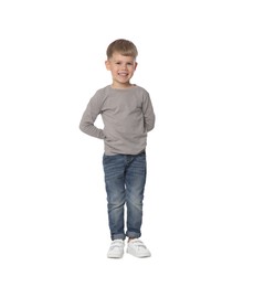 Photo of Happy little boy dancing on white background