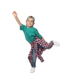 Photo of Happy little boy dancing on white background