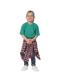 Photo of Happy little boy dancing on white background