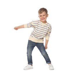 Photo of Happy little boy dancing on white background