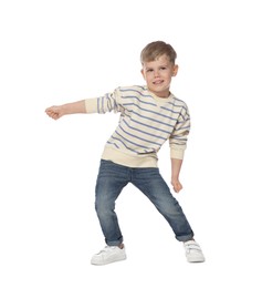 Photo of Happy little boy dancing on white background