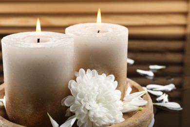 Photo of Burning candles and beautiful flowers on wet black mirror surface, closeup