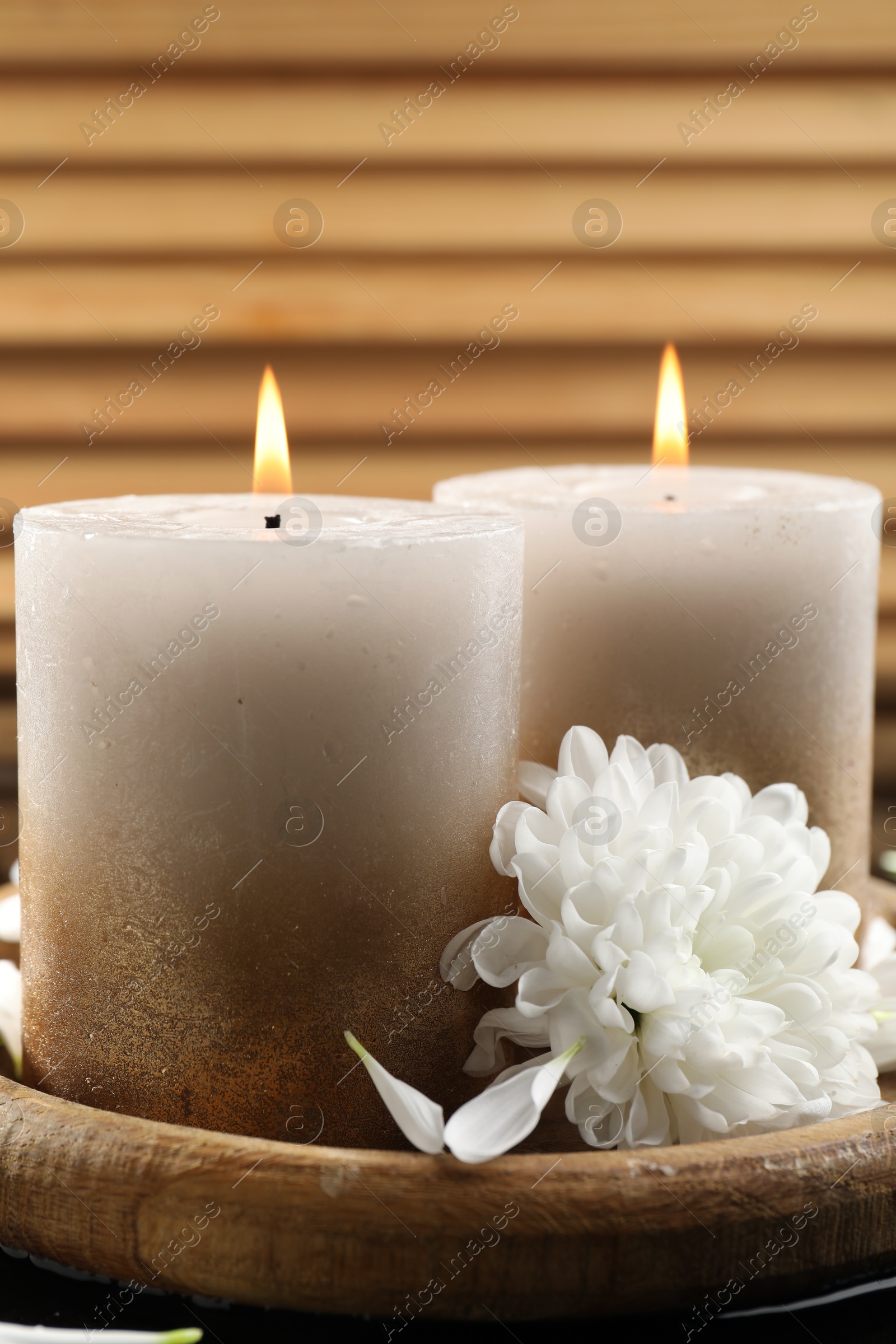 Burning candles and beautiful flowers on black table, closeup Photo of Burning candles and beautiful flowers on black table, closeup