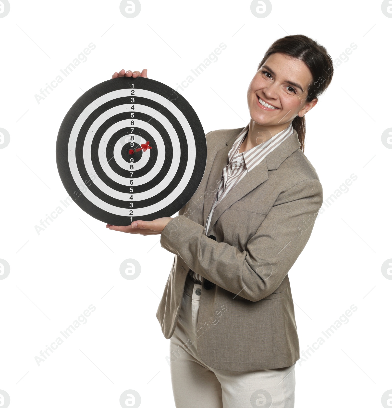 Targeting. Smiling businesswoman with dart board on white background Photo of Targeting. Smiling businesswoman with dart board on white background