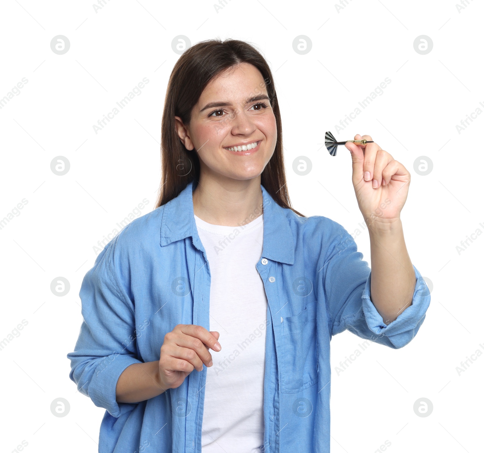 Targeting. Smiling woman with dart aiming on white background Photo of Targeting. Smiling woman with dart aiming on white background