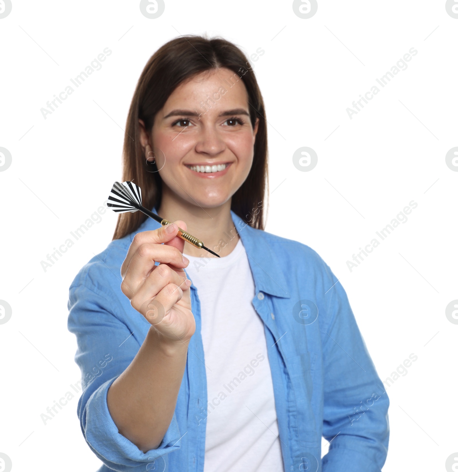 Photo of Targeting. Smiling woman with dart on white background