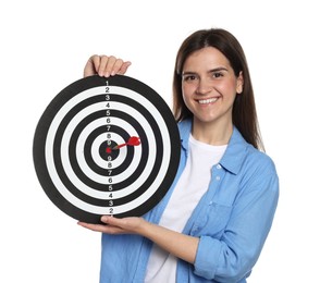 Photo of Targeting. Smiling woman with dart board and arrow on white background