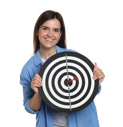 Photo of Targeting. Smiling woman with dart board and arrow on white background