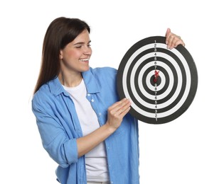 Photo of Targeting. Smiling woman with dart board and arrow on white background