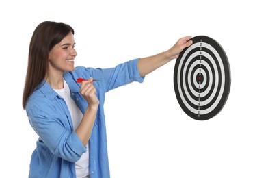 Photo of Targeting. Smiling woman with dart aiming on white background