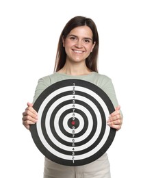 Photo of Targeting. Smiling woman with dart board on white background