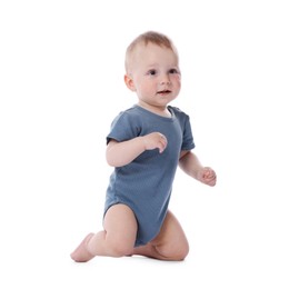 Photo of Portrait of cute little baby on white background