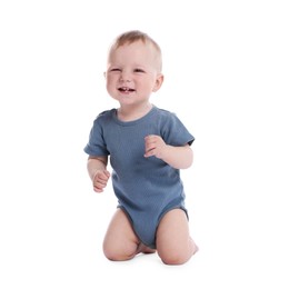 Photo of Portrait of cute little baby on white background