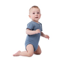 Photo of Portrait of cute little baby on white background