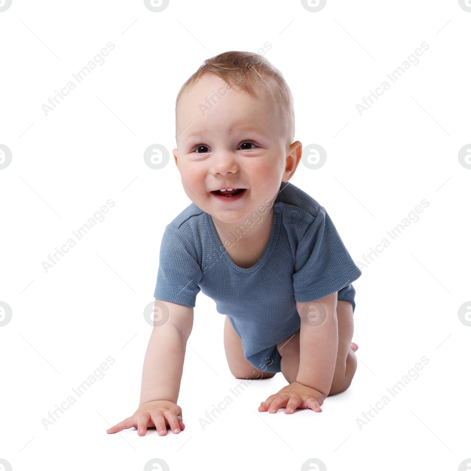 Cute little baby crawling on white background Photo of Cute little baby crawling on white background