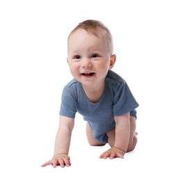 Photo of Cute little baby crawling on white background