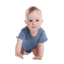 Photo of Cute little baby crawling on white background