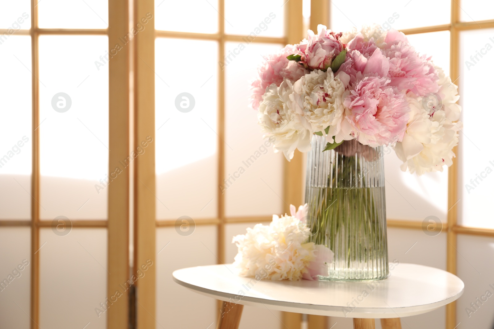 Beautiful peonies in vase on white table indoors, space for text Photo of Beautiful peonies in vase on white table indoors, space for text