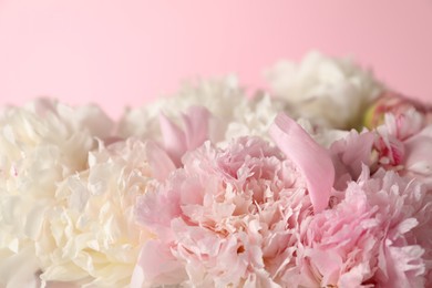 Photo of Bouquet of beautiful peonies on pink background, closeup