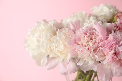 Photo of Beautiful peonies in vase on pink background, closeup