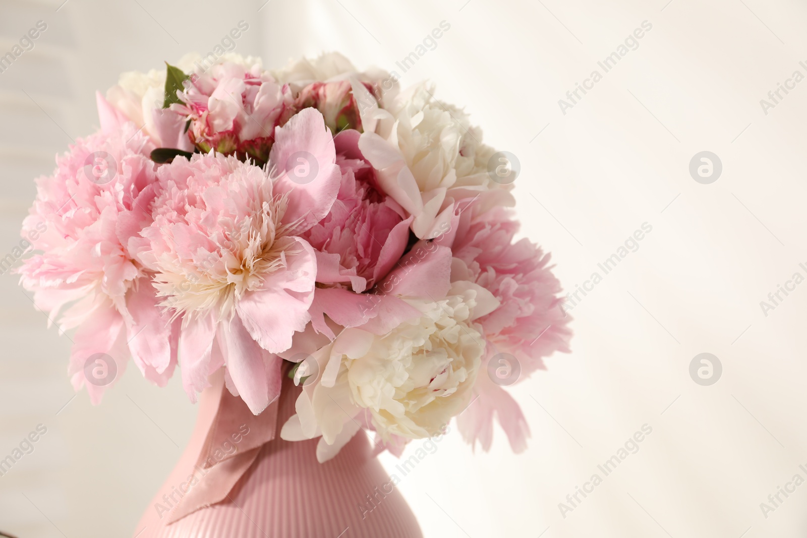 Bouquet of beautiful peonies on white background, closeup. Space for text Photo of Bouquet of beautiful peonies on white background, closeup. Space for text