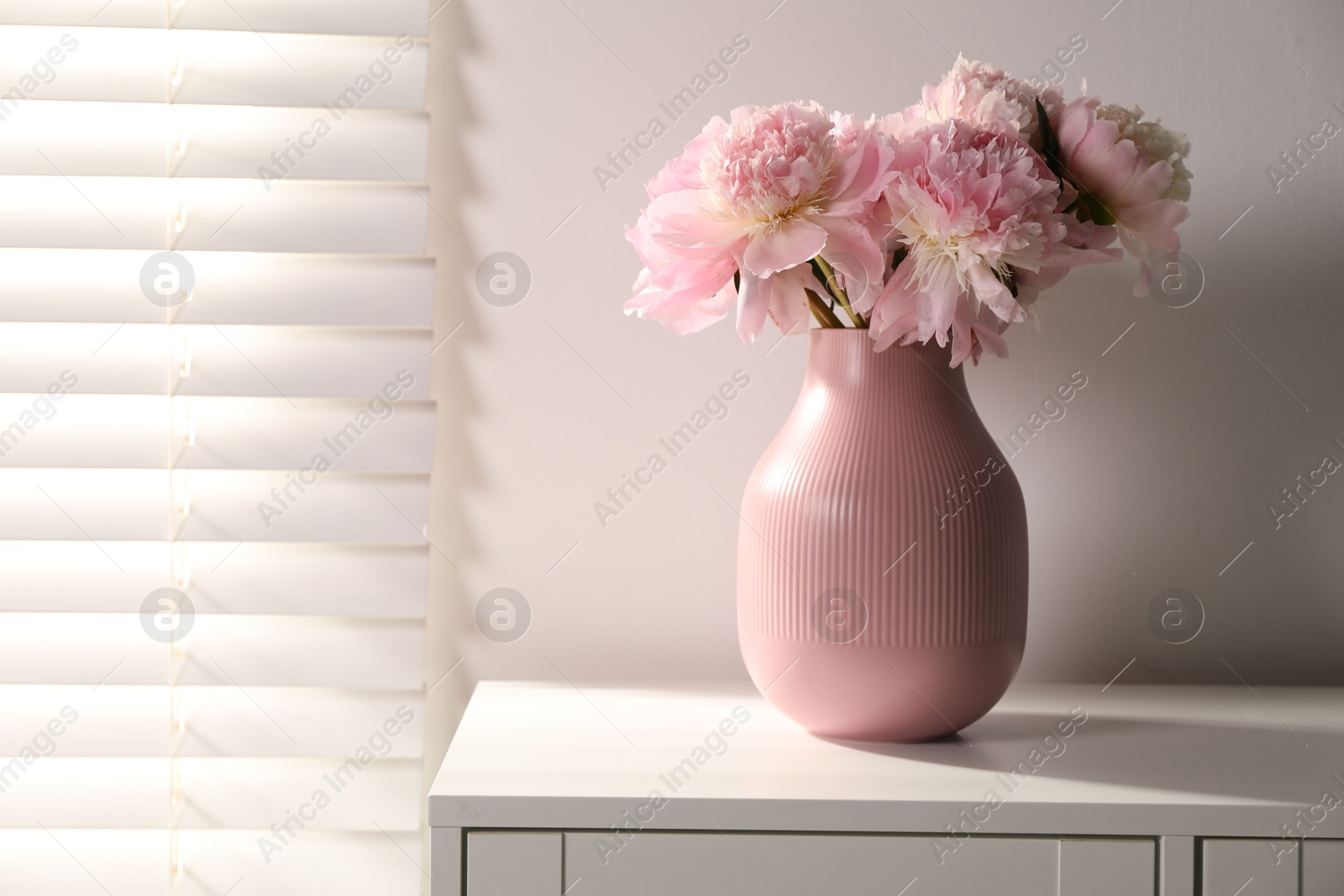 Beautiful peonies in vase on white dresser indoors. Space for text Photo of Beautiful peonies in vase on white dresser indoors. Space for text