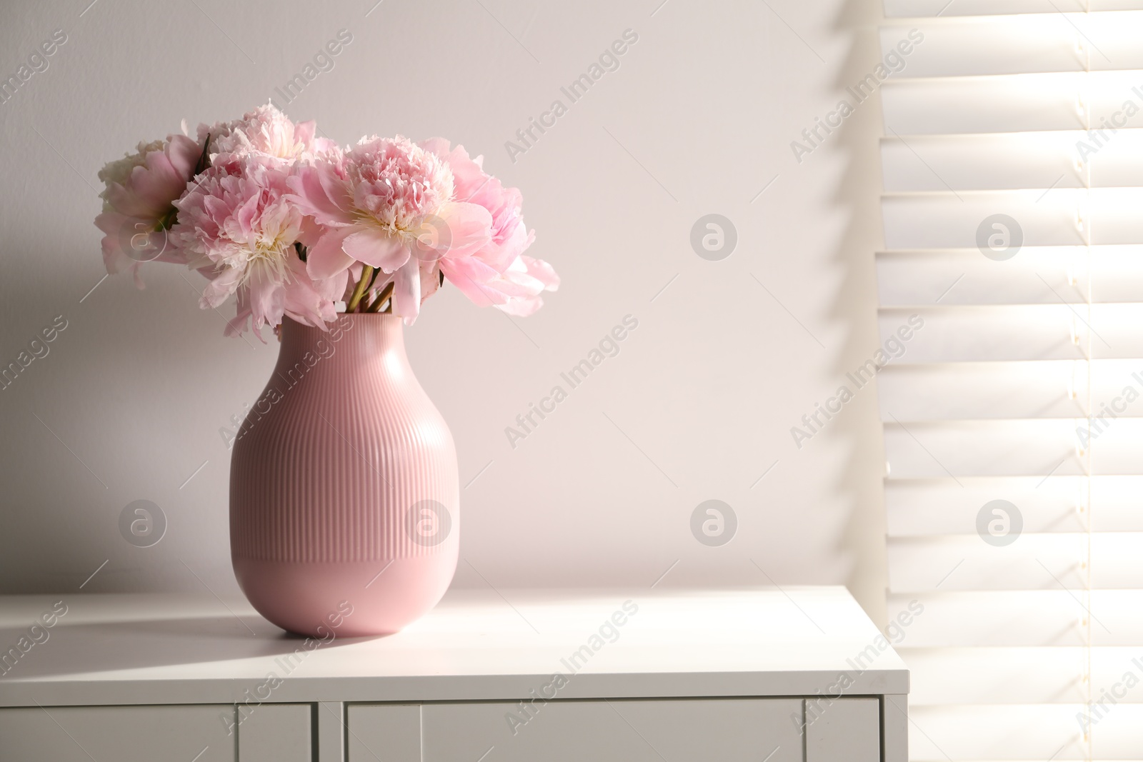 Beautiful peonies in vase on white dresser indoors. Space for text Photo of Beautiful peonies in vase on white dresser indoors. Space for text