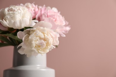 Photo of Beautiful peonies in vase near pink wall, closeup. Space for text