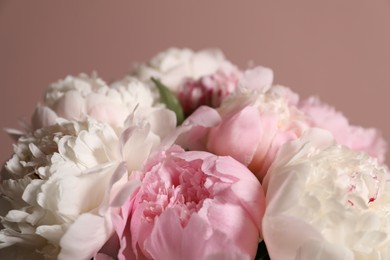 Photo of Bouquet of beautiful peonies near pink wall, closeup