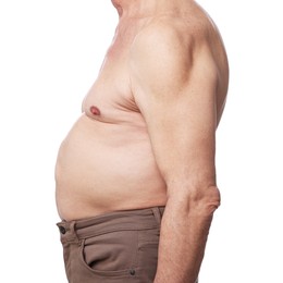 Photo of Senior man with bad posture on white background, closeup