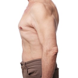 Photo of Senior man with good posture on white background, closeup