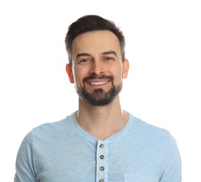 Photo of Smiling man before shaving on white background