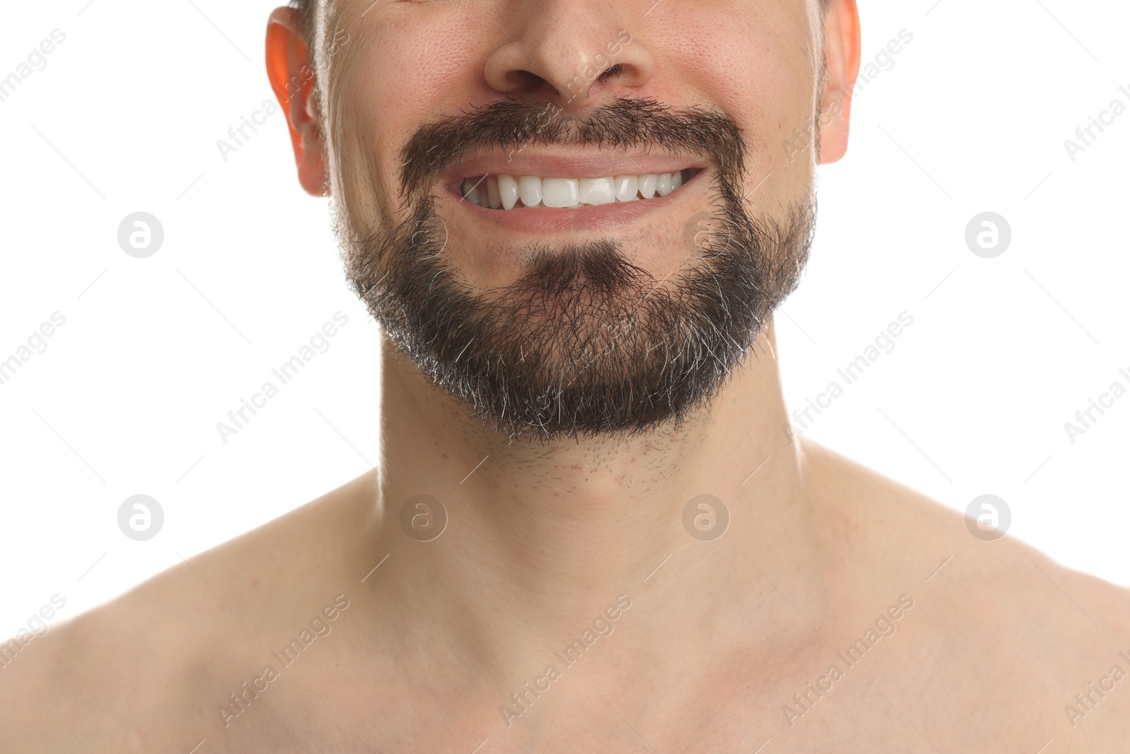Smiling man before shaving on white background, closeup Photo of Smiling man before shaving on white background, closeup