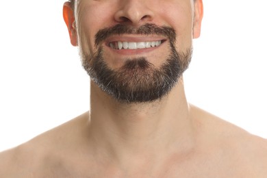 Photo of Smiling man before shaving on white background, closeup